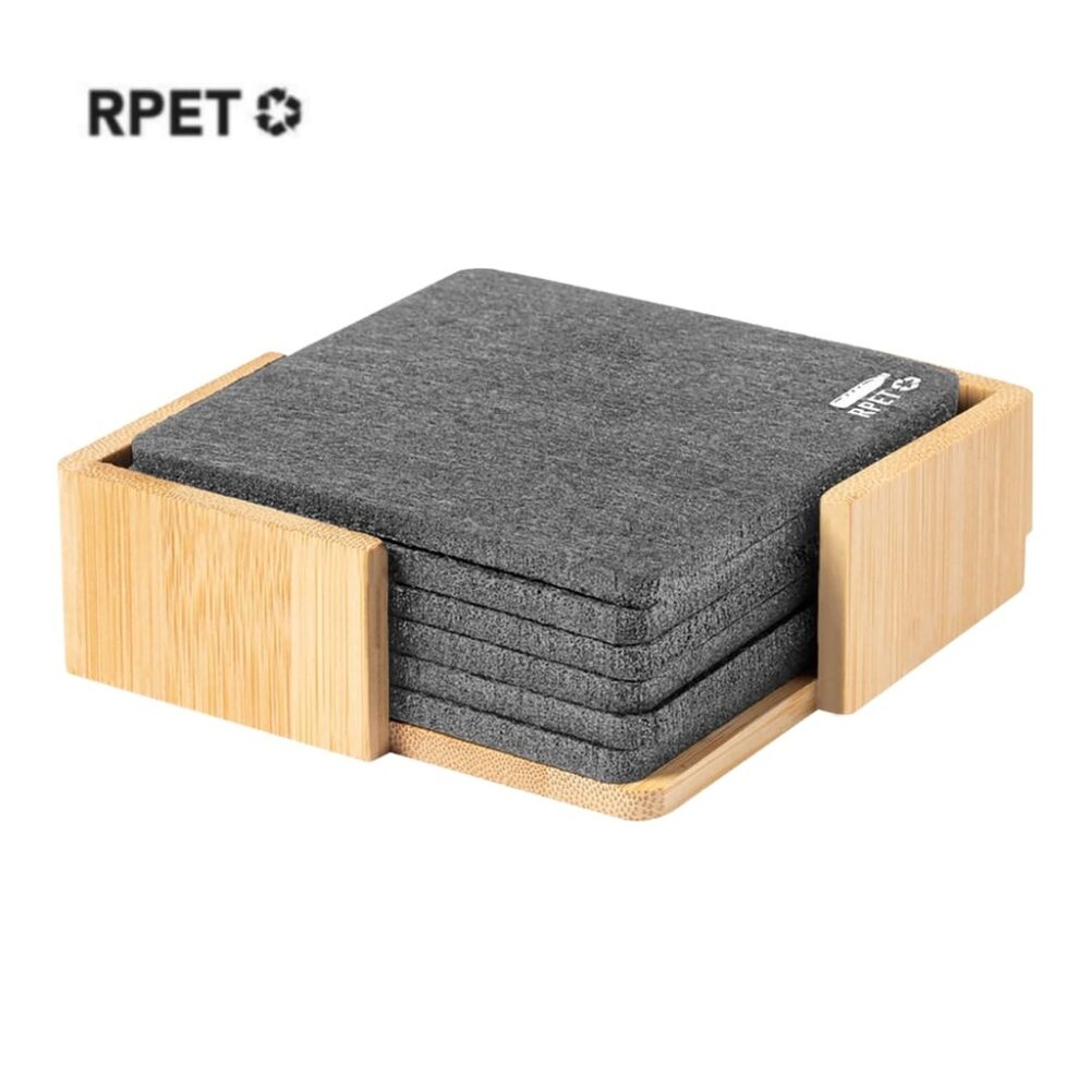 LAAX - eco-neutral RPET Set of 6 Felt Coasters with Bamboo Stand - Image 6